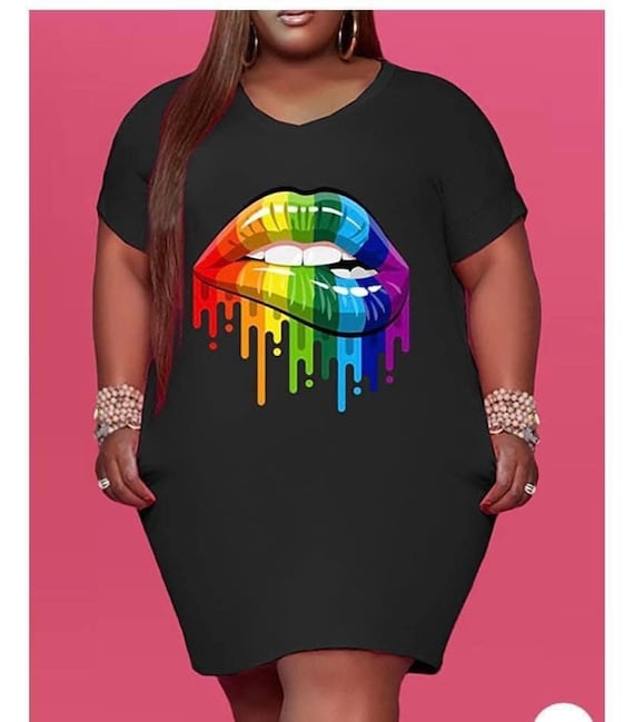 lips t shirt dress Plus Size White Red Lips Graphic T-shirt Dress
