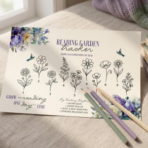 Pode incluir: Um rastreador Reading Garden com ilustrações florais e o texto "Grow your reading one day at a time". Inclui lápis de cor e uma pilha de livros. O rastreador apresenta nove desenhos de flores numeradas.