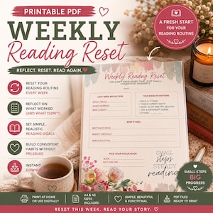 Pode incluir: Planeador PDF imprimível "Weekly Reading Reset" com detalhes florais. Inclui seções para reflexão semanal, metas e intenções. Com uma xícara de chá, uma vela e livros. Texto: "Pequenos passos, grande progresso."