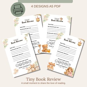 Può includere: Quattro modelli PDF A5 stampabili "Tiny Book Review". Ogni modello presenta spazio per il titolo del libro, la parte preferita e il personaggio, con una sezione per valutare il libro. Include illustrazioni di animali e lanterne.