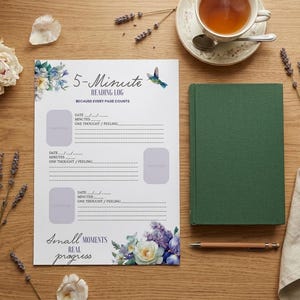 Pode incluir: Um diário de leitura com o texto "5-Minute READING LOG" e detalhes florais, ao lado de um livro verde, uma xícara de chá e uma caneta em uma superfície de madeira. O diário inclui espaços para datas, minutos e pensamentos.