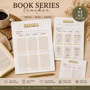 Pode incluir: Um conjunto de rastreadores de séries de livros imprimíveis com o texto "BOOK SERIES tracker". Os rastreadores incluem espaços para o nome da série, autor e status, com um sistema de classificação. O design é minimalista e inclui uma caneta e uma xícara de café.