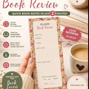 Pode incluir: Bloco de notas com borda floral, 9x18cm, com o título "Flash Book Review" e prompts para detalhes do livro. A imagem também mostra uma xícara de café, livros e as palavras "Printable PDF".