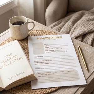 Pode incluir: Natureza morta com um livro, uma caneca de café e uma folha de reflexão sobre o livro numa mesa de madeira. O livro, "The Memory Collector" de Elena Vance, está aberto. A caneca é salpicada e uma caneta dourada repousa na folha.