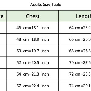 May include: An Adults Size Table chart with columns for U.S. Size, Chest, and Length. The table lists sizes from XS to 2XL with corresponding measurements in centimeters and inches, such as XS at 46 cm or 18.1 inches for chest and 64 cm or 25.2 inches for length.