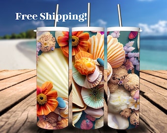 Seashell Tumbler - Beach Tumbler - Ocean tumbler - Sea life Tumbler - 20oz Skinny - 3D tumbler - Vacation Tumbler - Summer vibes - Sea Shell