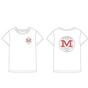 May include: A white short-sleeved t-shirt featuring a circular logo on the left chest and a larger version on the back. The logo contains the red letter M and the text Proud Member of the DOT Club in a black circular border design.