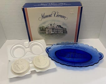 Plato de colección de Mount Vernon, azul cobalto, vintage, jabón George Martha Washington