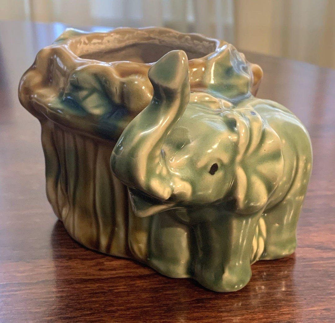 Vintage Glazed Ceramic Elephant Planter Bamboo Stalk Pottery Majolica ...