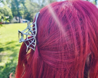 Silver Spider Web Claw Clip | Metal Claw Clip Unique Hair Accessory Thick Hair Clip Spider Web Hair Claw Minimalist Spider Accessory