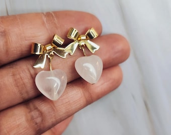 Be Mine Rose Quarts Heart Earrings | Bow Stud