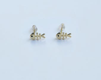 Micro Fish Skeleton Stud Earrings | Minimalist Studs
