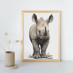 Baby Rhino Wall Art Print | Cute Animal Drawing Nursery Decor | Printable Digital Download | Creamy White Background