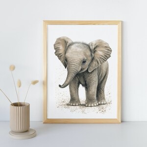 Baby Elephant Wall Art Print | Cute Animal Drawing Nursery Decor | Printable Digital Download | Creamy White Background