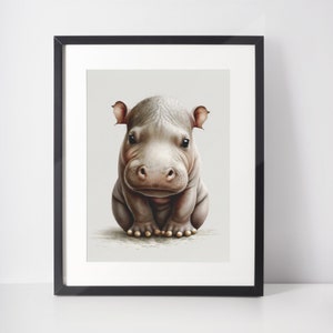 Baby Hippo Wall Art Print | Cute Animal Drawing Nursery Decor | Printable Digital Download | Creamy White Background