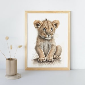 Baby Lion Wall Art Print | Cute Animal Drawing Nursery Decor | Printable Digital Download | Creamy White Background