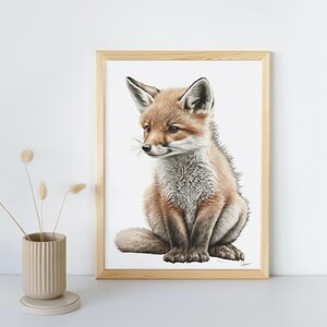 Baby Fox Wall Art Print | Cute Animal Drawing Nursery Decor | Printable Digital Download | Creamy White Background
