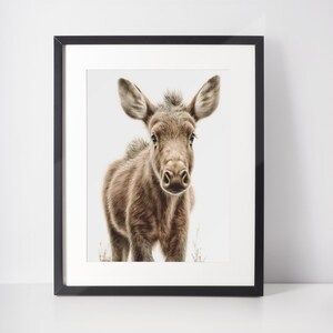 Baby Moose Wall Art Print | Cute Animal Drawing Nursery Decor | Printable Digital Download | Creamy White Background