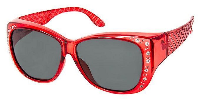May include: Red cat-eye sunglasses with rhinestones on the frame and gray lenses.