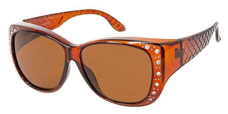 May include: Brown tortoise shell sunglasses with brown lenses and rhinestones on the sides. The sunglasses have a textured pattern on the arms.