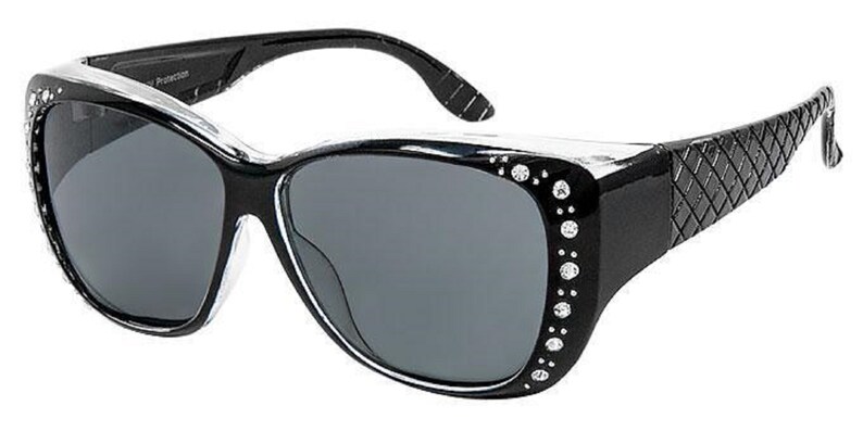 May include: Black sunglasses with rhinestones on the side and a clear frame. The sunglasses have a black, textured design on the arms.