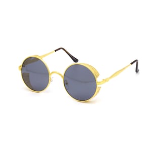 Cool Gold Frame With  Brown or Smoke Lens Steampunk Circle Sunglasses. FREE Soft Sunglass Case Included