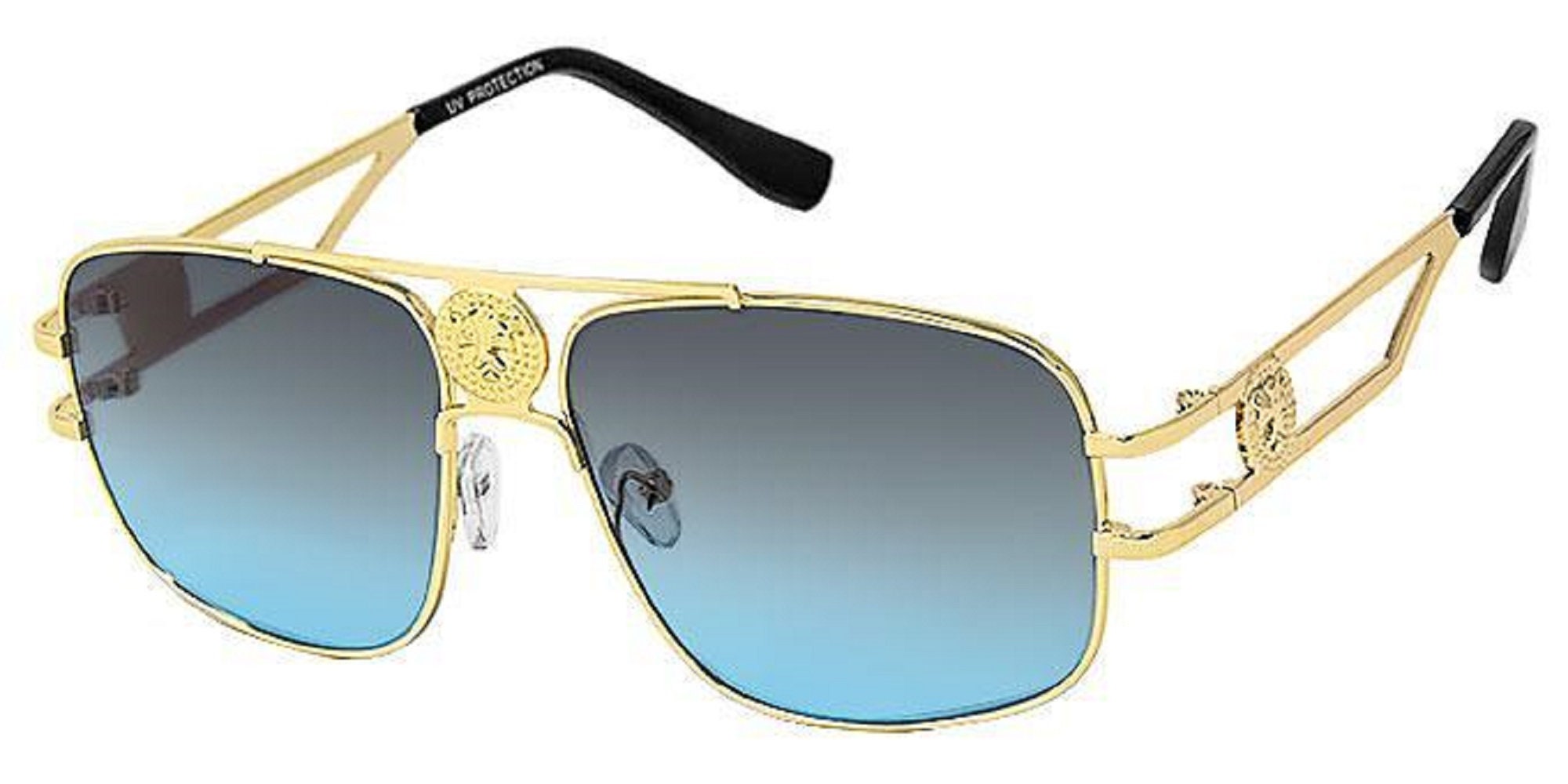 Lion head sunglasses aviator futuristic gold blue lens Gold Hexagon Sunglasses, Geometric Aviator Frame, Handmade  main image 4