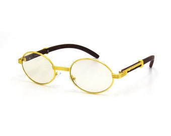 Women Men Rimless Wood Vintage Retro Gold Frame Clear Lens Hip Hop Glasses