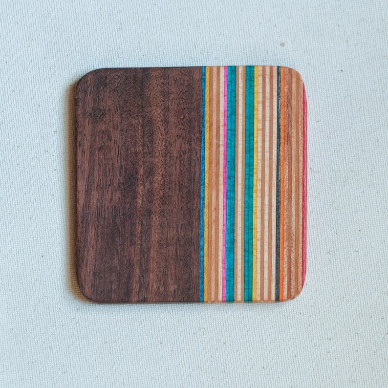 Recycled Skateboard Coasters l Wooden Coasters l Sustainable Woodworking l Birthday Gift l Housewarming Gift l Colorful Coasters l Walnut
