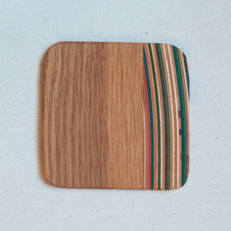 Recycled Skateboard Coasters l Wooden Coasters l Sustainable Woodworking l Birthday Gift l Housewarming Gift l Colorful Coasters l White Oak