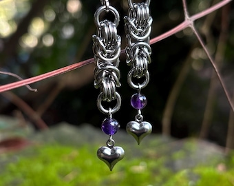 Kettenhemd & Amethyst Ohrringe | Handgefertigt, aus Edelstahl