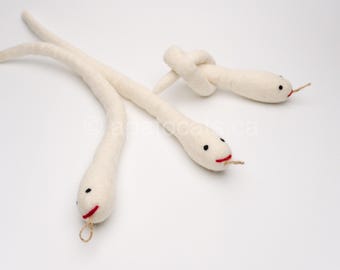 Short and Slender Beige White Eel w/loop - High Quality Natural Wool Felt Kicker Cat Toy - Sturdy Snuggle KittyPrey Floofs