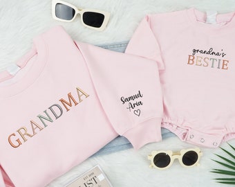 Embroidered Grandma and Grandma&#39;s Bestie Sweatshirt, Custom Matching Family Shirt, Retro Baby Shower Gift, Nana And Granddaughter Shirts
