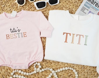 Embroidered Titi And Titi&#39;s Bestie Sweatshirt, Custom Matching Family Shirt, Baby Shower Gift, Cute Kid Shirt, Retro Auntie and Nephew Shirt