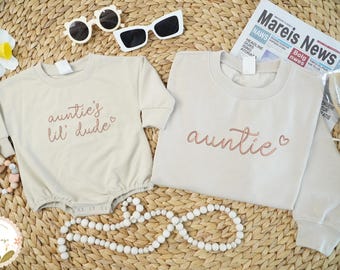 Embroidered Auntie and Auntie&#39;s Lil Dude Sweatshirt, New Aunt Gift For Kids, Custom Matching Family Shirt, Auntie and Nephew Shirt,Kid Shirt