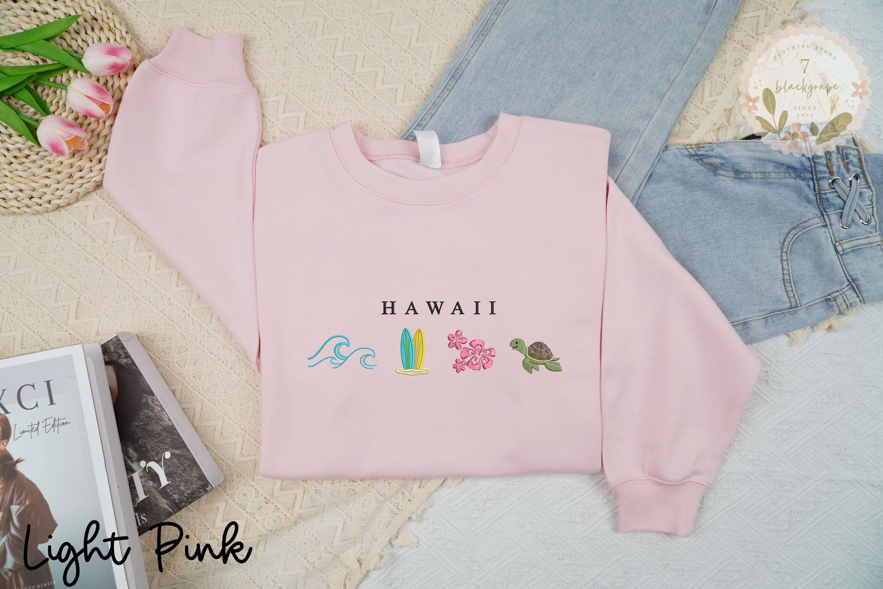 Embroidered Hawaii Sweatshirt, Rainbow Embroidered Crewneck, Aloha Sweater, Ocean Sweater, Cozy, Beachy, Hibiscus Flower Crewneck.