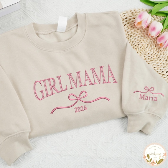 Embroidered Girl Mama Coquette Sweatshirt, Personalized Girl Mama with Name on Sleeve Shirt, Vintage Mom Gift Shirt, Birthday Gift for Mom