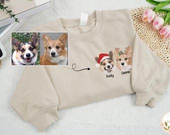 Custom Embroidered Pet Shirt, Custom Dog Portrait Christmas Sweatshirt, Personalized Pet Face Shirt, Retro Dog Mom Crewneck, Pet Lovers Gift
