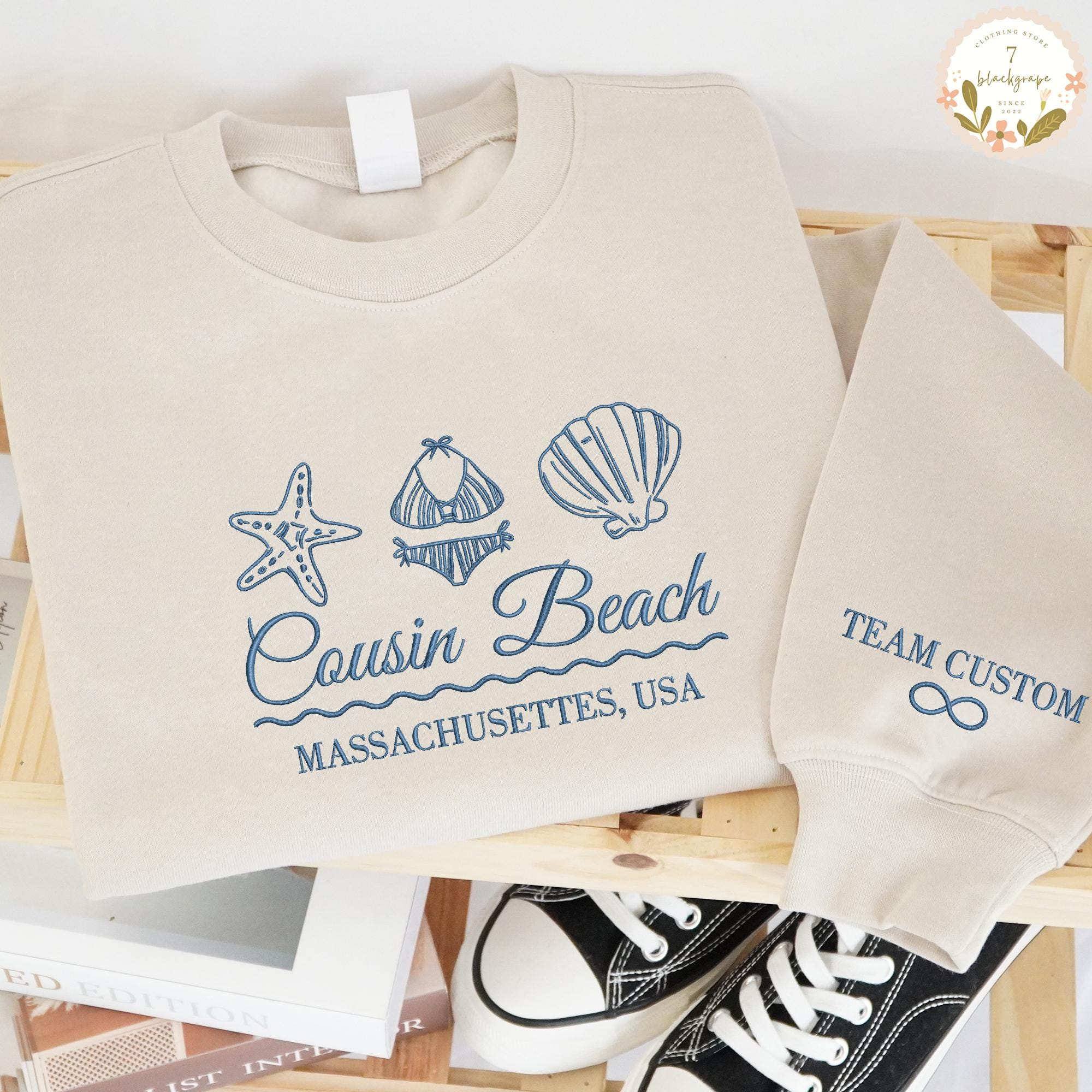 Custom Cousins Beach Embroidered Sweatshirt, Tropical Vacation Sweater, Bikini Shell Party Shirt, East Coast Summer Tee, Beach Trip Gift