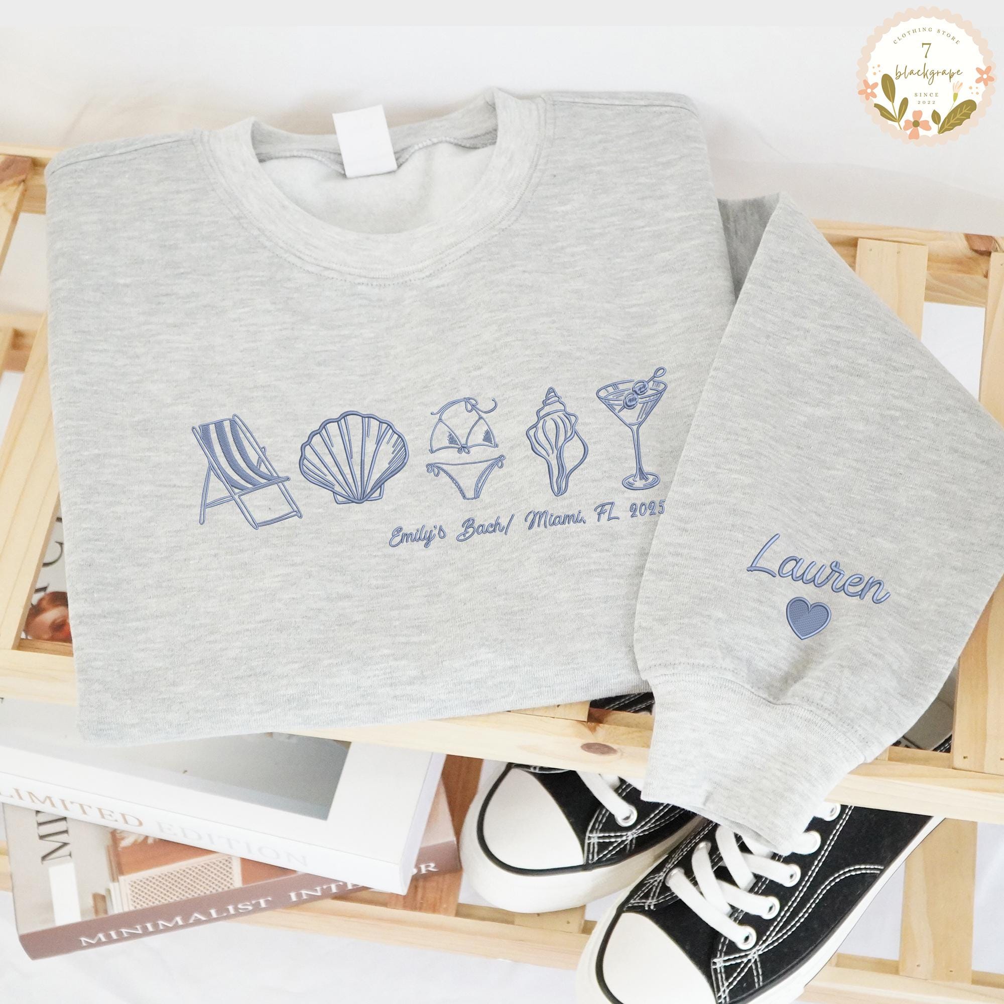 Custom Beach Bachelorette Embroidered Sweatshirt, Coastal Bride Trip Tee, Bikini Shell Cocktail Party Shirt, Ocean Lover Gift Ocean Crewneck