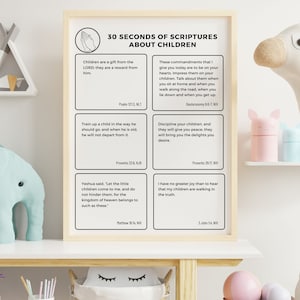Könnte beinhalten: Ein druckbarer Poster mit schwarzem Text auf weißem Hintergrund. Der Poster zeigt 30 Sekunden Schrift über Kinder. Der Poster enthält Bibelverse über Kinder aus den Büchern Psalmen, Deuteronomium, Sprichwörter, Matthäus und 3 Johannes.