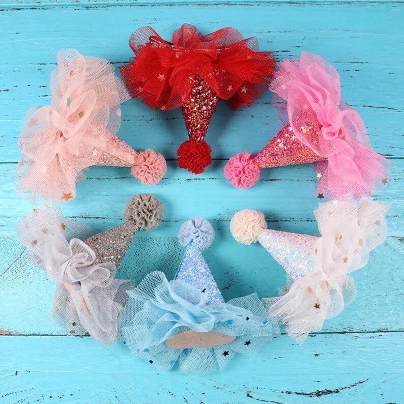 Mini Birthday Party Hat Hair Clip Glitter Tulle Cake Smash Etsy