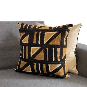 Black bogolan cushion and beige ochre square handmade in Africa by authentic craftsmen