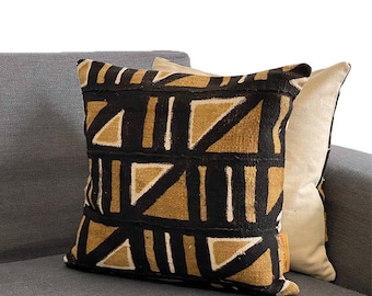 Black bogolan cushion and beige ochre square handmade in Africa by authentic craftsmen