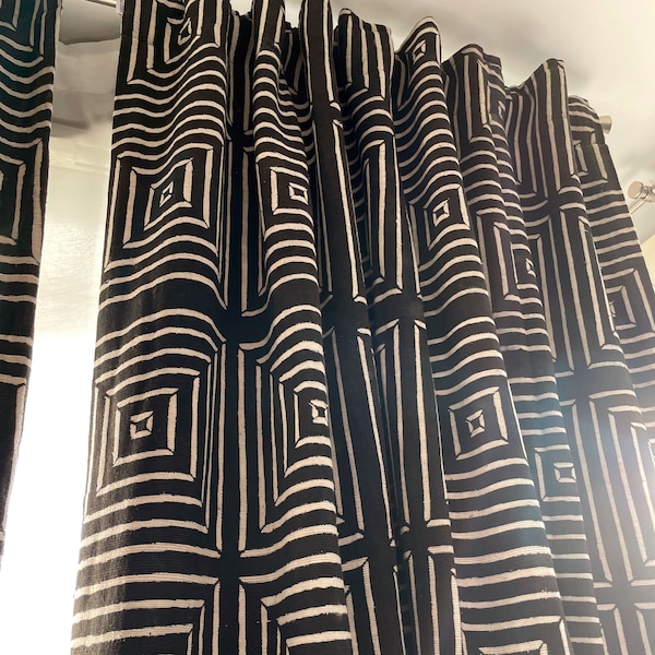 Curtain pattern ivory and black printed in Bogolan made with mud in Africa cotton 100% Authentic woven and hand printed