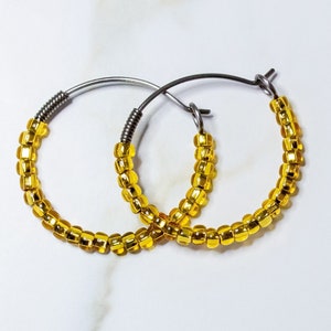 1&quot; Gold Bead Titanium Hoop Earrings for Women | Handmade Boho Sparkly Beaded Huggies |  Hypoallergenic & Nickel Free for Sensitive Ears