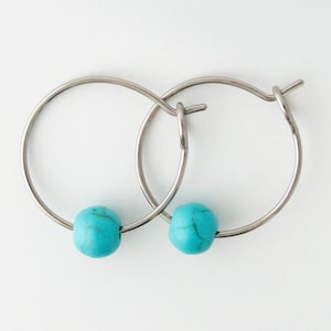 3/4" Titanium Hoop Earrings w/ Turquoise Blue Howlite for Sensitive Ears | Hypoallergenic & Nickel Free | Small Silver Sleeper Huggies