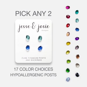 2 Pairs Titanium Stud Earrings Set w/ Resin Gemstones | Womens Hypoallergenic Post Small Birthstone Earring Multi Pack | Teen Girl Gift Idea