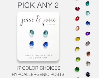 2 Pairs Titanium Stud Earrings Set w/ Resin Gemstones | Womens Hypoallergenic Post Small Birthstone Earring Multi Pack | Teen Girl Gift Idea