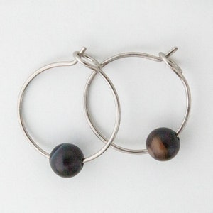 3/4" Titanium Hoop Earrings w/ Black Agate Bead | Grade 1 Hypoallergenic & Nickel Free for Sensitive Ears | Small Silver Sleeper Huggies